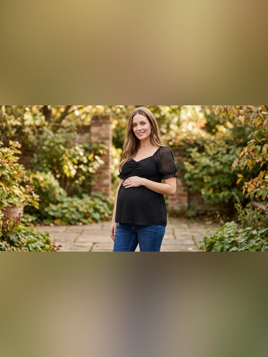 Maacie Tops - Maacie Black Swiss Dot Maternity Milkmaid Top Short Puff Sleeve Lined Medium M